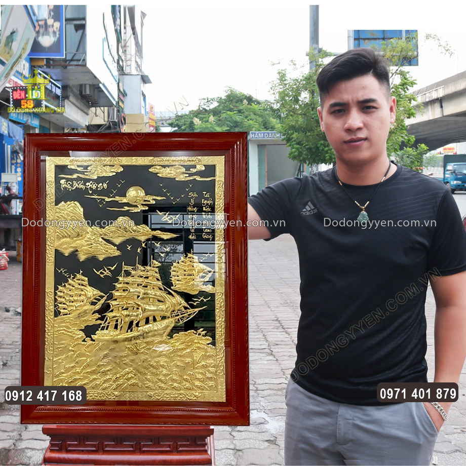 Bức Tranh Đồng Thuận Buồm Xuôi Gió Khổ Đứng Mạ Vàng 24K