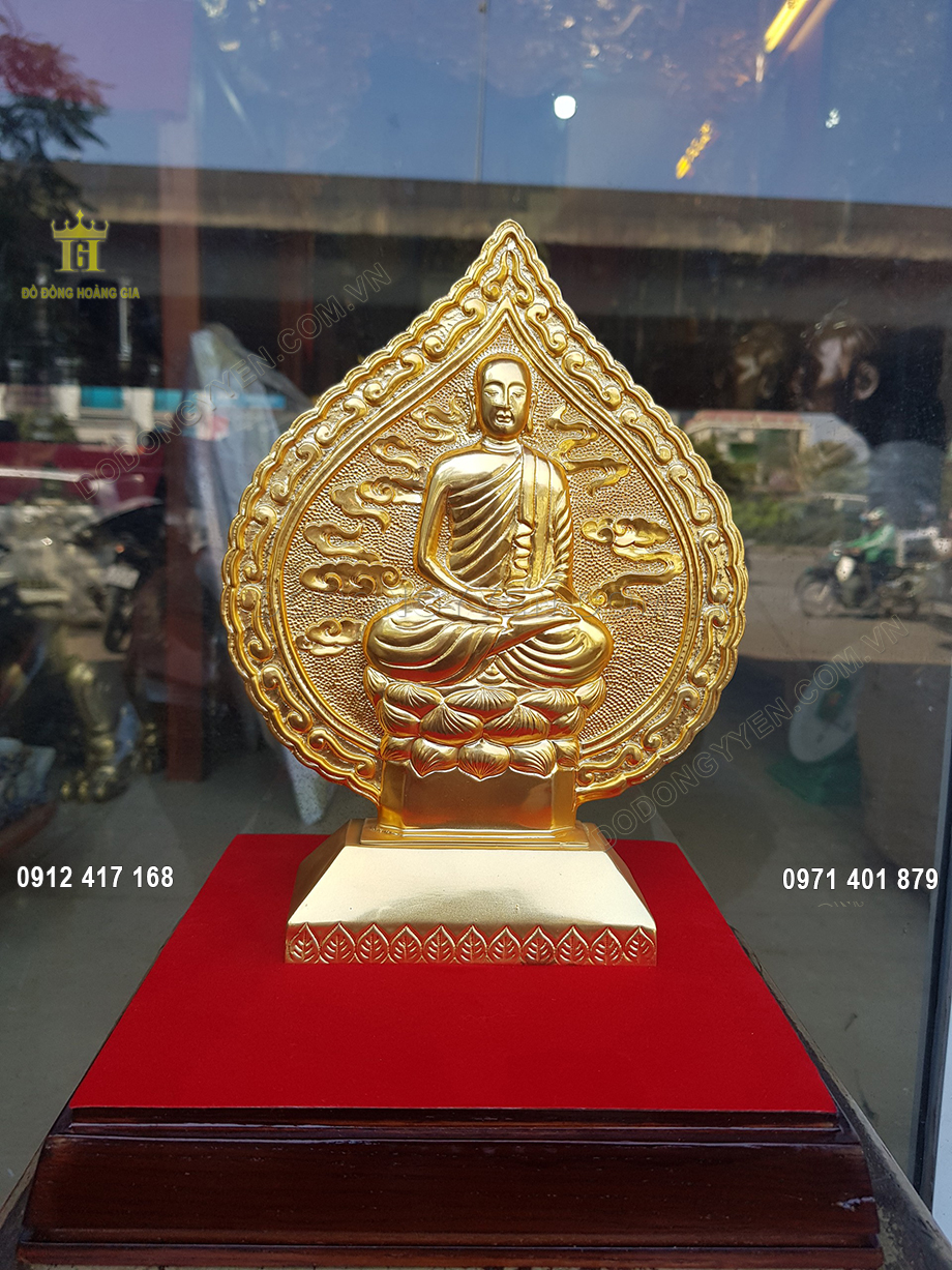 Lá Bồ Đề Phật Hoàng Trần Nhân Tông Ngồi Đài Sen Bằng Đồng Mạ Vàng 24K