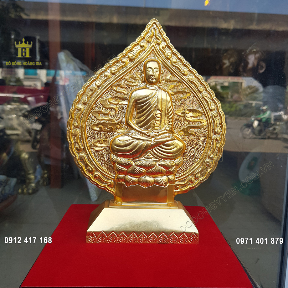 Lá Bồ Đề Phật Hoàng Trần Nhân Tông Ngồi Đài Sen Bằng Đồng Mạ Vàng 24K