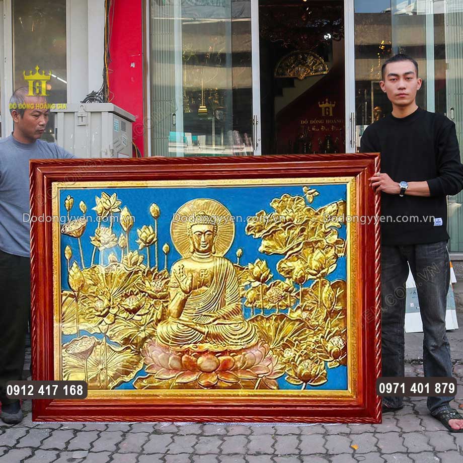 Tranh Đồng Đức Phật Tọa Hồ Sen Dát Vàng 9999