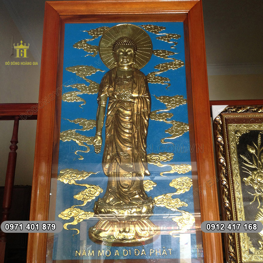 Tranh Đức Phật Bằng Đồng Vàng Nền Xanh 90cm