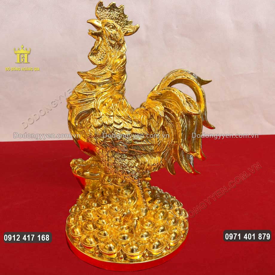 Tượng Đồng Gà Trống Đứng Trên Mâm Tiền Dát Vàng 24K