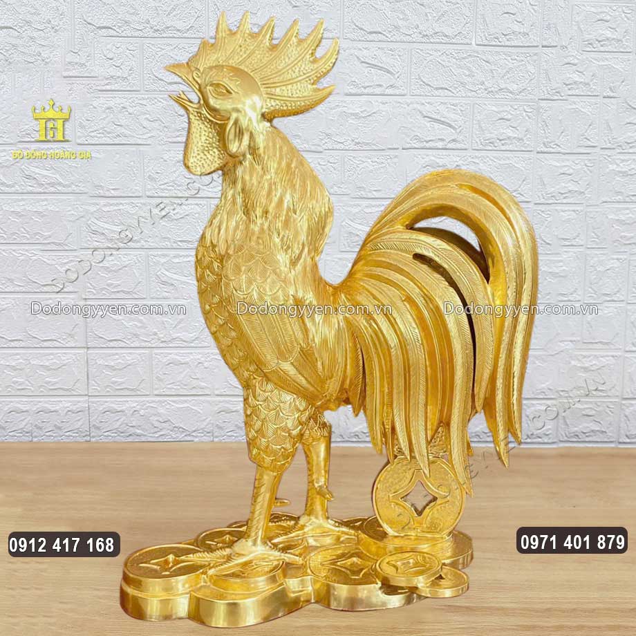 Tượng Đồng Gà Trống Đứng Trên Tiền Dát Vàng 24K Tượng Đồng Gà Trống Đứng Trên Tiền Dát Vàng 24K