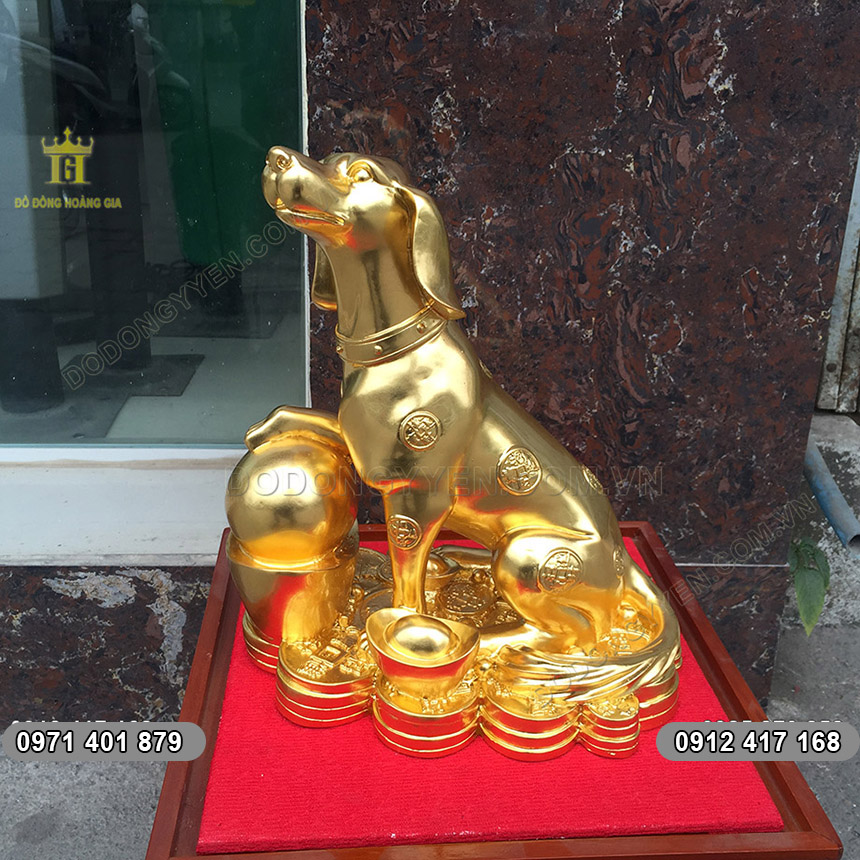 Tượng Khuyển Đồng Phong Thủy Tài Lộc Dát Vàng 30cm