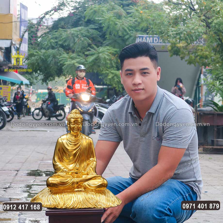 Tượng Phật Thích Ca Ngồi Thiền Trên Rơm Bằng Đồng Thếp Vàng 9999
