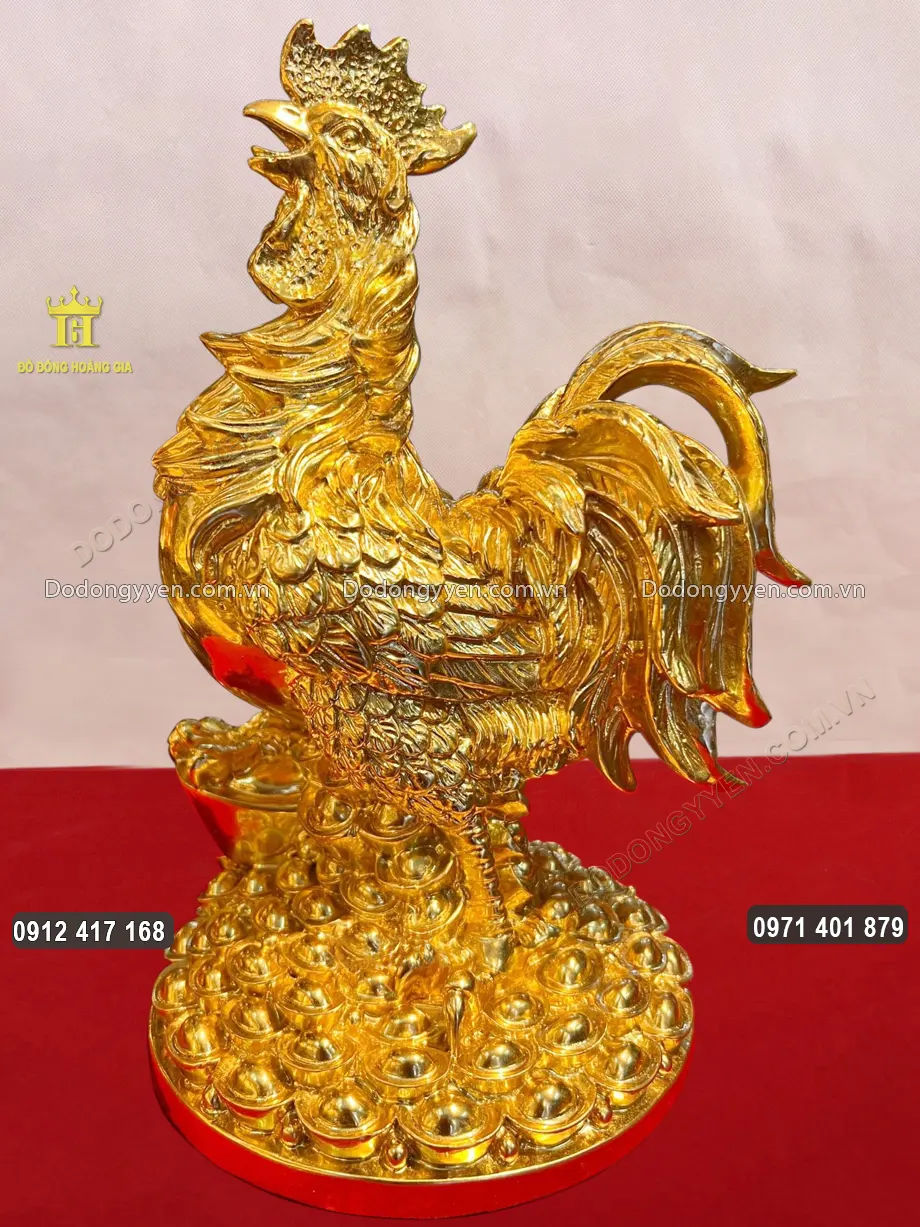 Tượng Đồng Gà Trống Đứng Trên Mâm Tiền Dát Vàng 24K