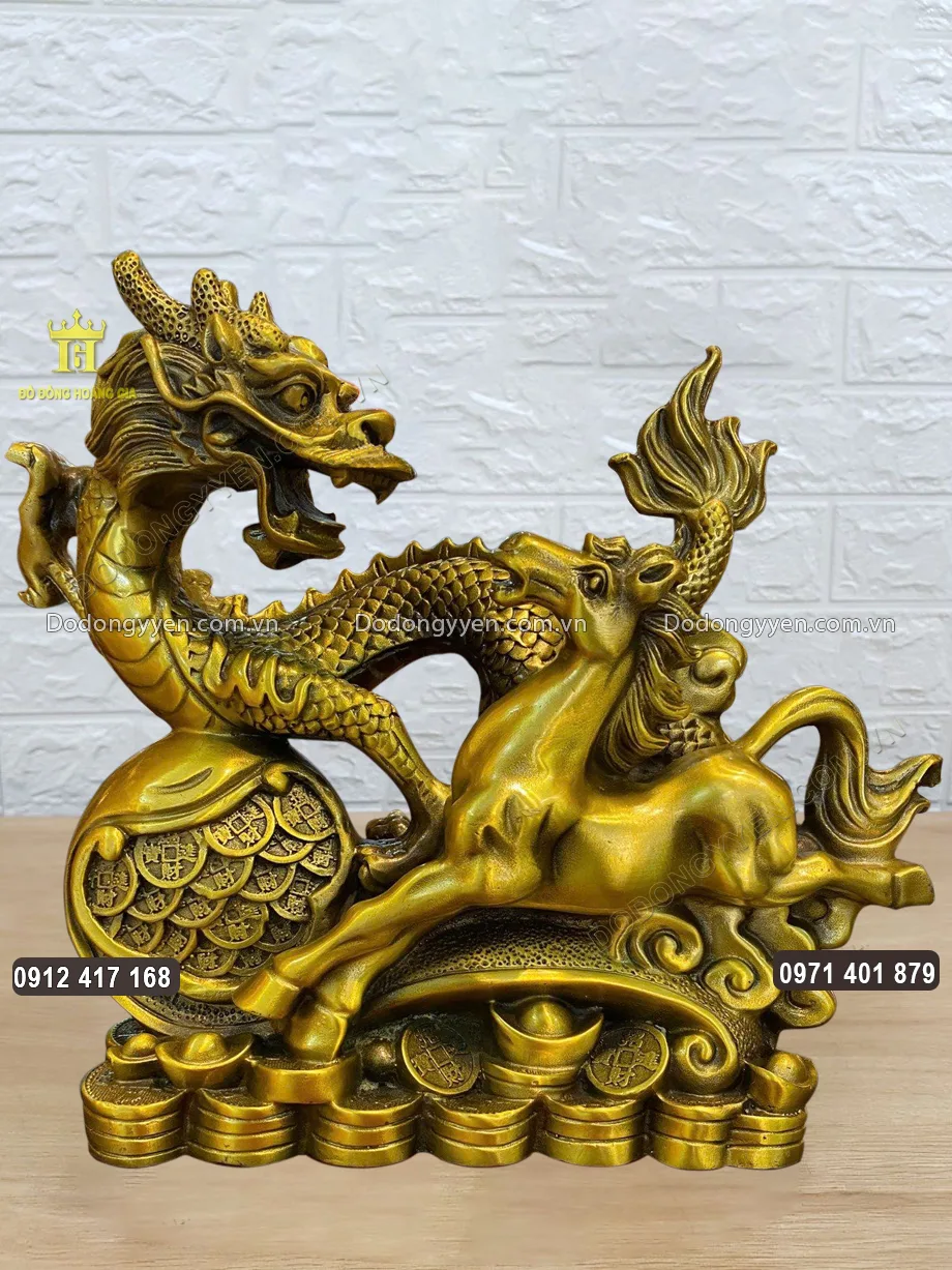 Tượng Long Mã Bằng Đồng Vàng Cao 23Cm