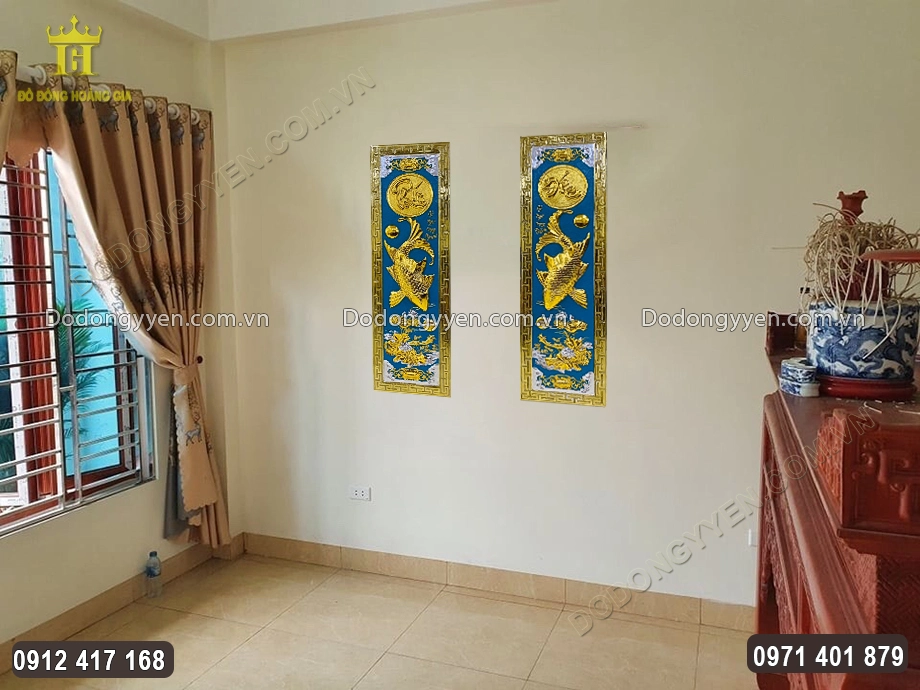 Đ&ocirc;i Tranh L&yacute; Ngư Vọng Nguyệt Ph&uacute;c Đức Mạ V&agrave;ng Bạc Nền Xanh