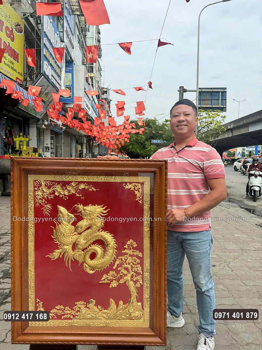 Tranh Chữ Ph&uacute;c H&oacute;a Rồng Bằng Đồng Mạ V&agrave;ng 24K