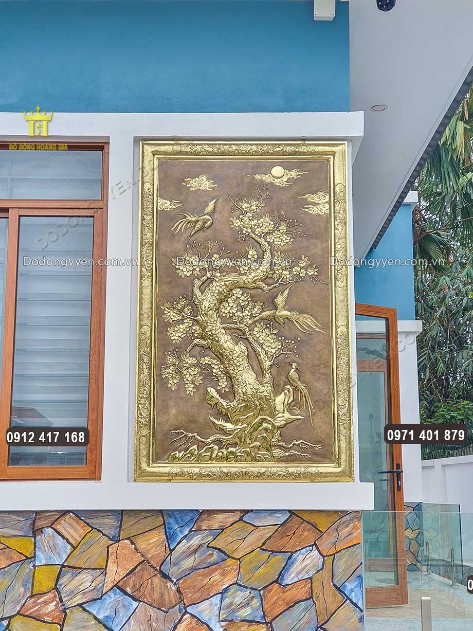 Tranh Đồng Hoa Mai Chim Khổng Tước Khung Liền Đồng Hun Giả Cổ