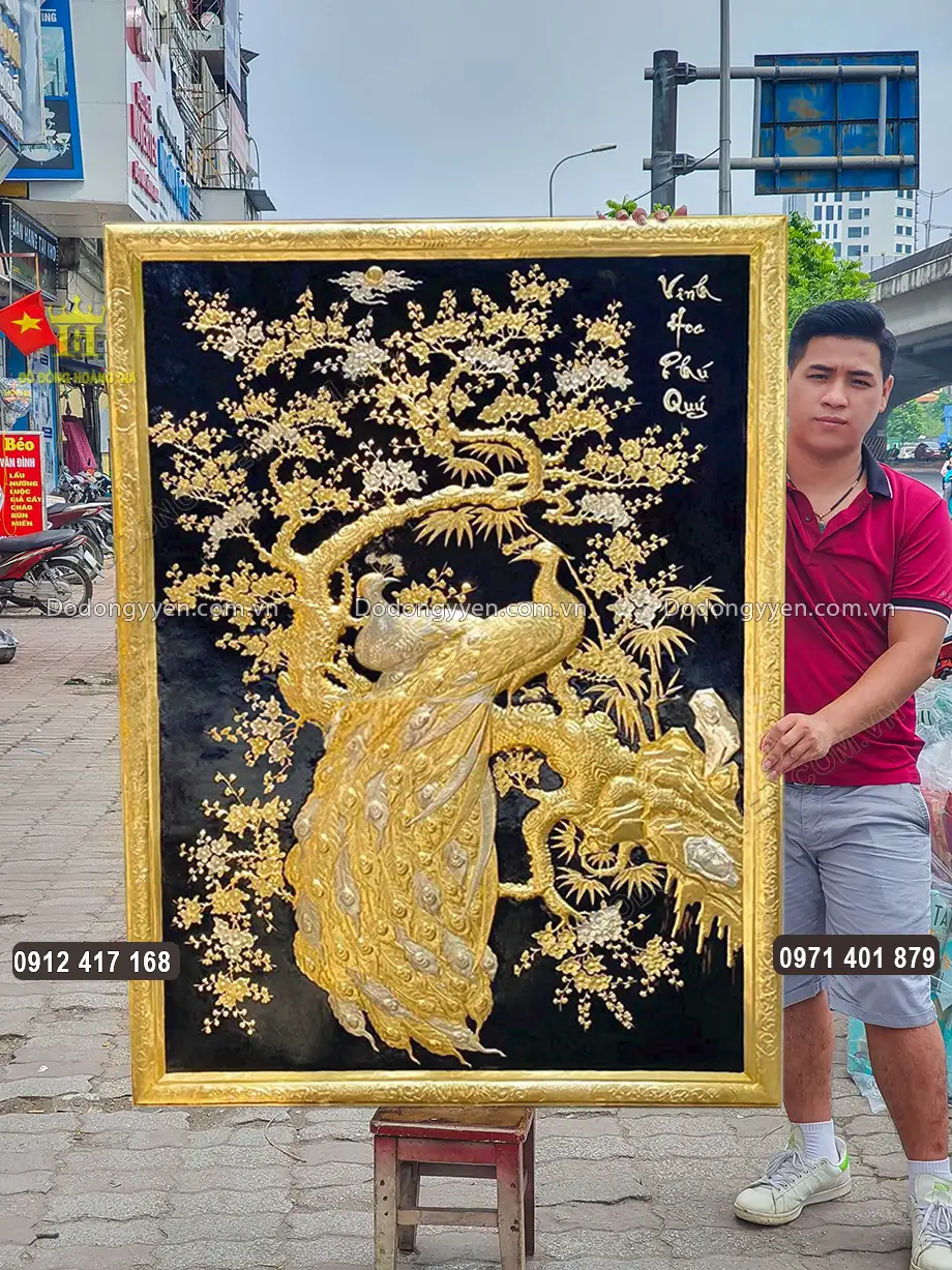 Tranh Đồng Vinh Hoa Ph&uacute; Qu&yacute; Khổ Đứng Mạ V&agrave;ng Mạ Bạc