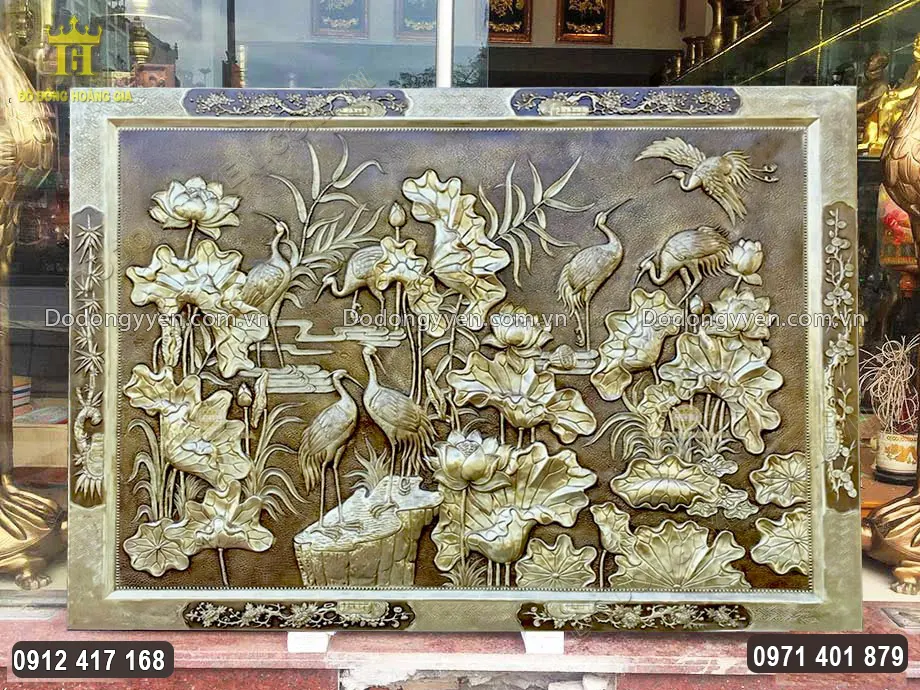 Tranh Sen Hạc Bằng Đồng Hun Giả Cổ 1M55