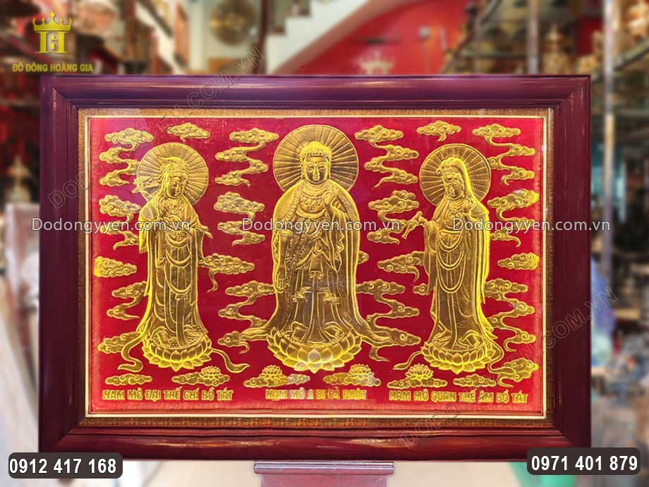 Tranh Tây Phương Tam Thánh Phật Bằng Đồng Dát Vàng 9999