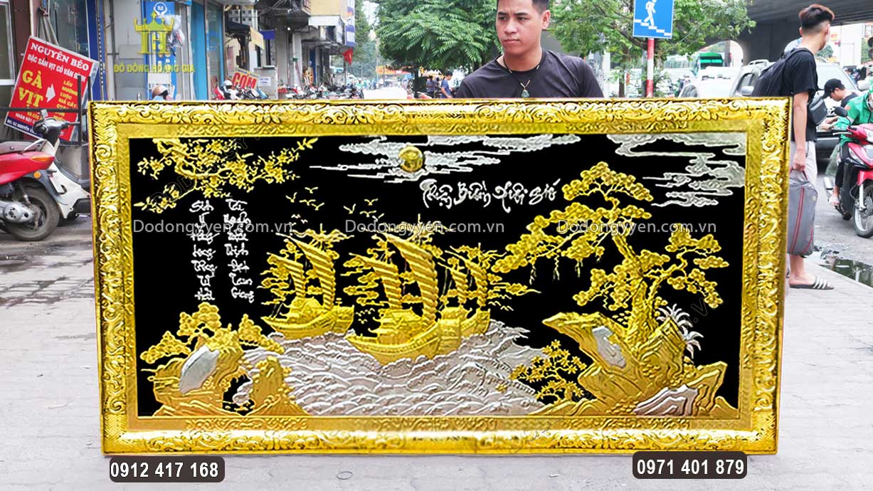 Tranh Thuận Buồm Xuôi Gió Dát Vàng Dát Bạc Khung Liền Đồng Dài 2M36