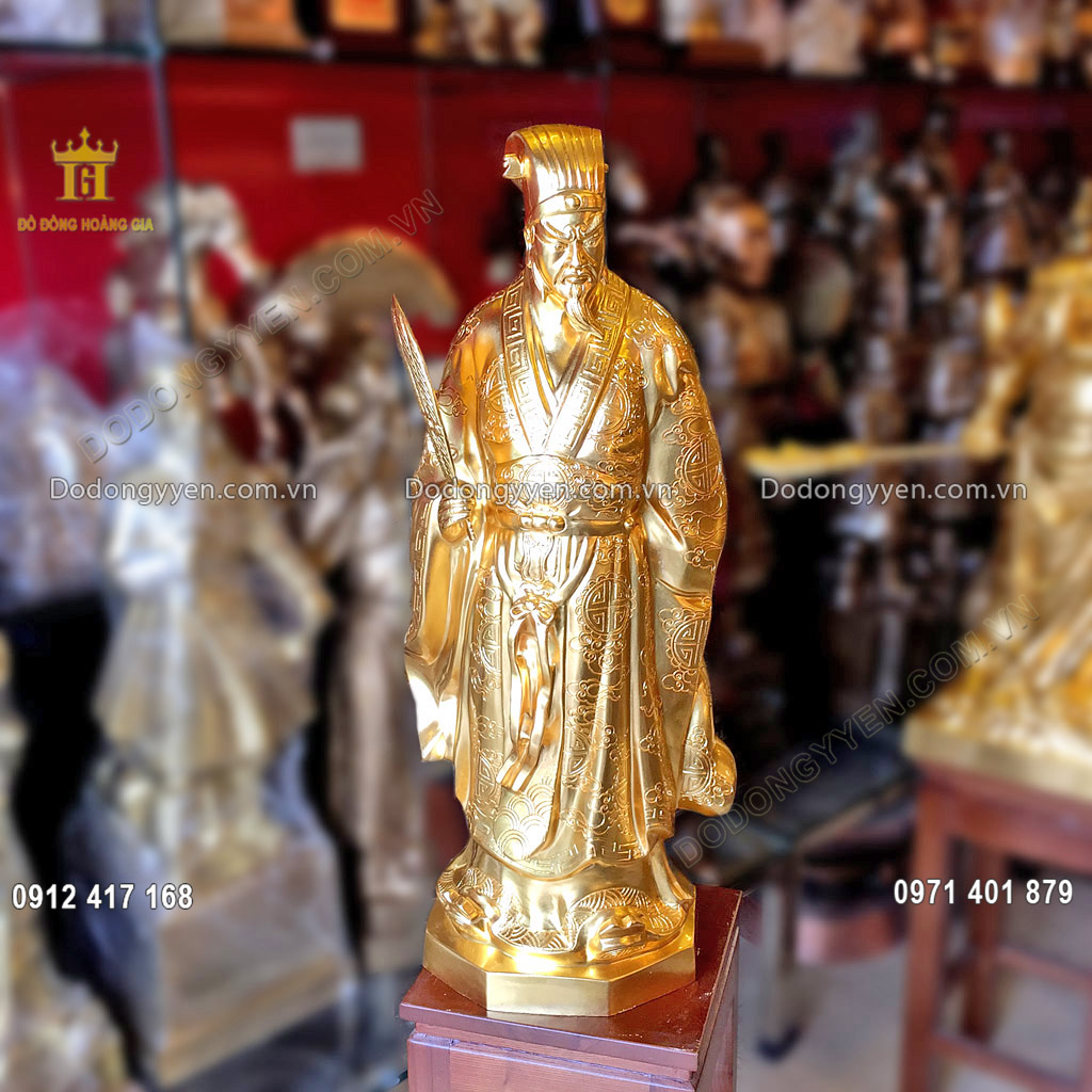 Mẫu tượng Khổng Minh cầm quạt bằng đồng đỏ dát vàng 24K sang trọng