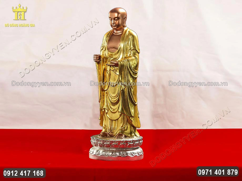 Tượng Đại Hiếu Mục Kiền Liên Đứng Đài Sen Dát Vàng Dát Bạc