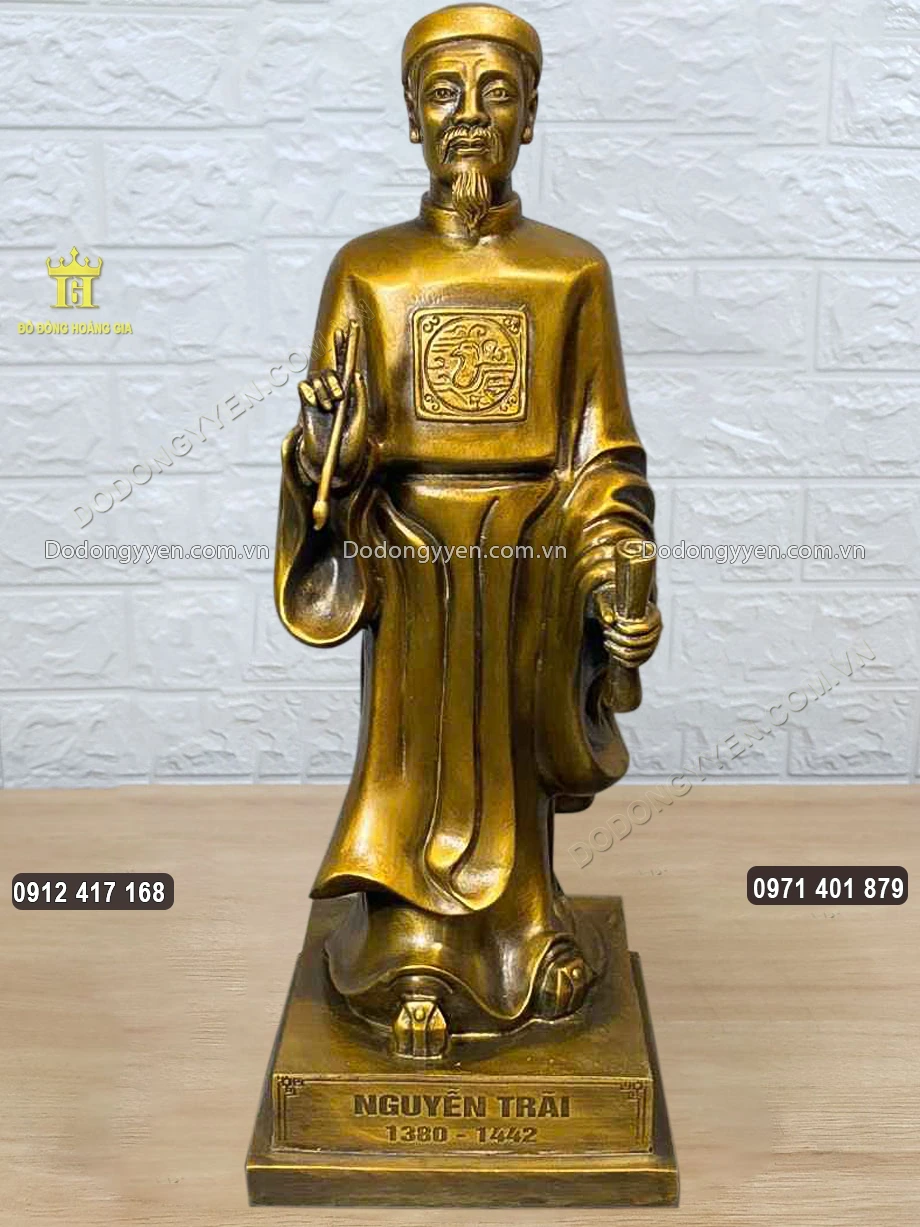 Tượng Nguyễn Tr&atilde;i Bằng Đồng V&agrave;ng Hun Giả Cổ Cao 41Cm