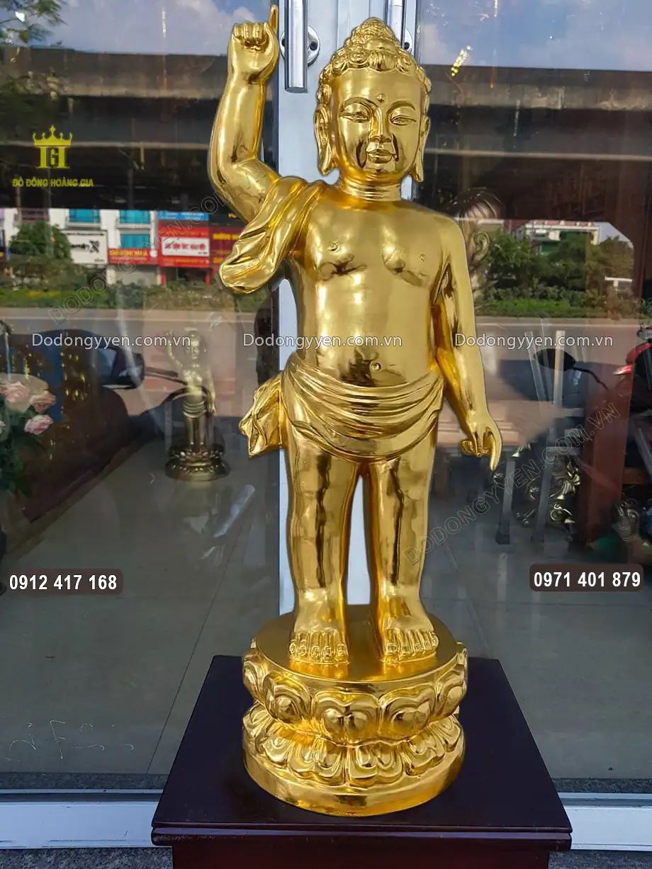 Tượng Phật Đản Sanh Bằng Đồng Dát Vàng 9999 Cao 68Cm
