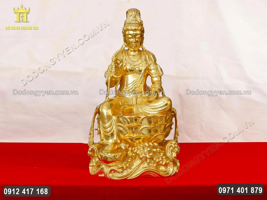 Tượng Quan Âm Tự Tại Bằng Đồng Đỏ Mạ Vàng 24K