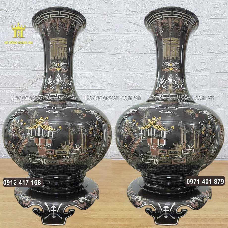 Đôi Lọ Hoa Củ Tỏi Chùa Một Cột Khảm Ngũ Sắc Cao 68Cm
