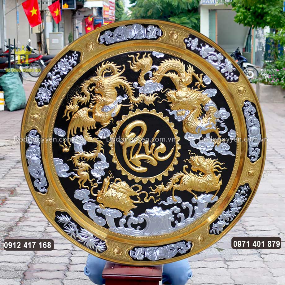 Mâm Đồng Tứ Linh Chữ Phúc Thúc Nổi Dát Vàng Dát Bạc