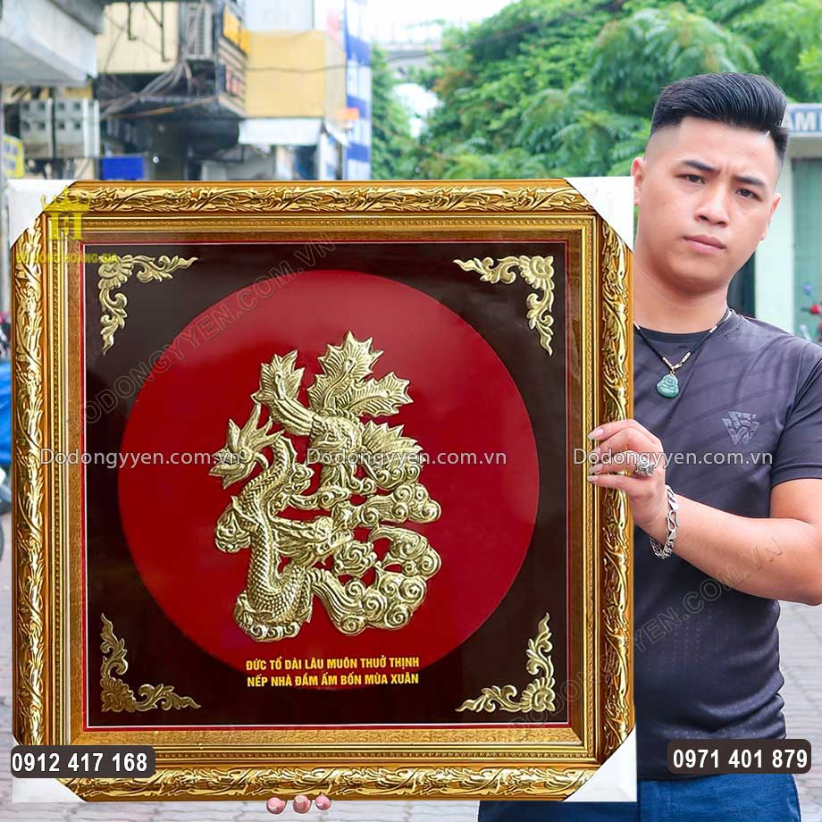 Tranh Chữ Đức Hoá Rồng Bằng Đồng Vàng Khổ Vuông 90Cm