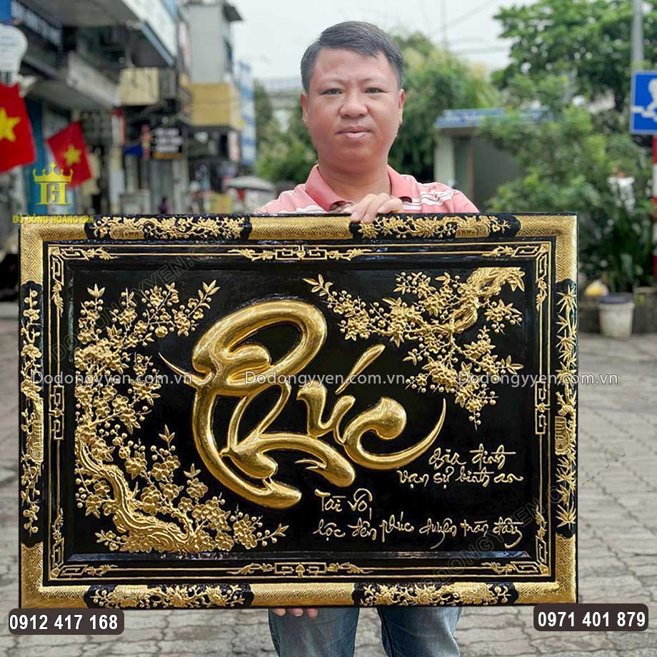 Tranh Chữ Phúc Thư Pháp Khung Liền Đồng Dát Vàng 9999