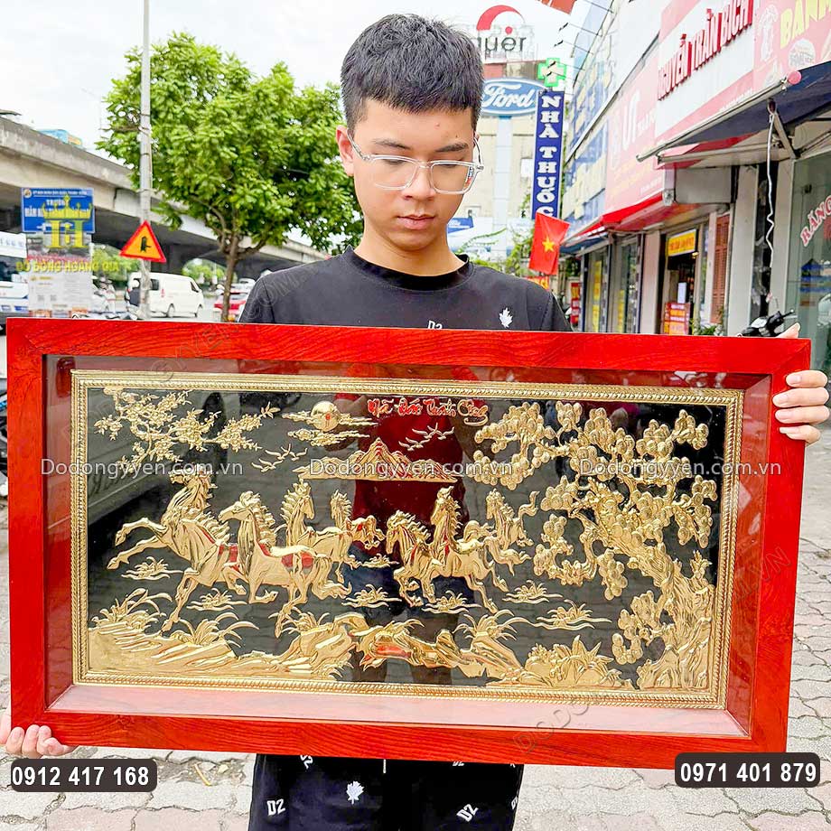 Tranh Đồng Bát Mã Truy Phong Mạ Vàng 24K Khổ Nhỏ 90Cm