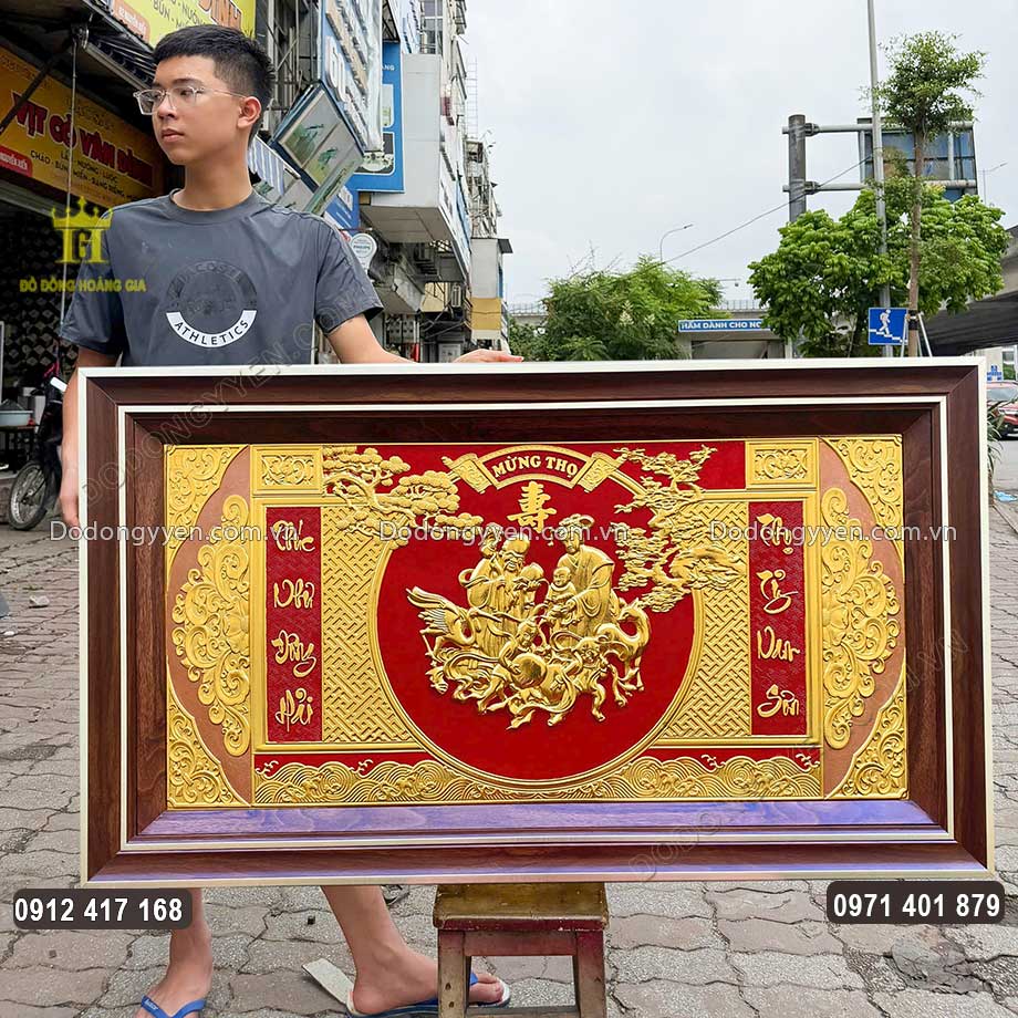 Tranh Đồng Mừng Thọ Ông Bà Dát Vàng 24K