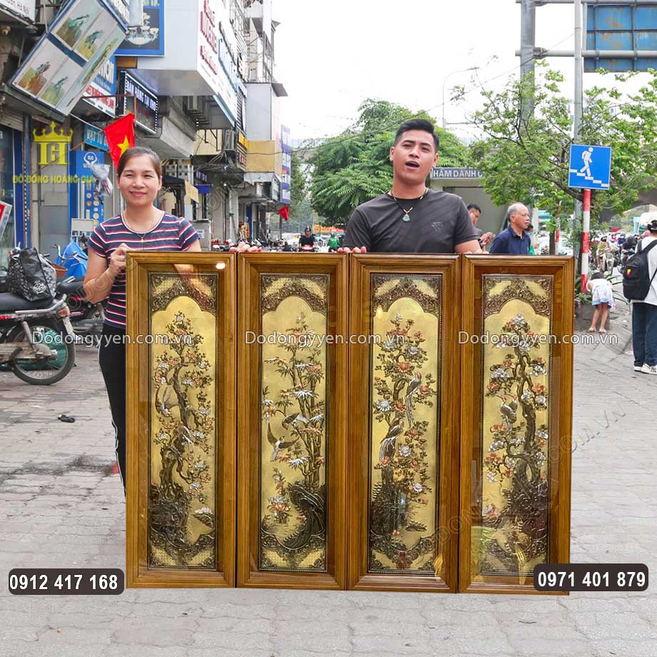 Tranh Tứ Quý Bằng Đồng Vàng Dát Bạc 925 Khung Gỗ Sồi
