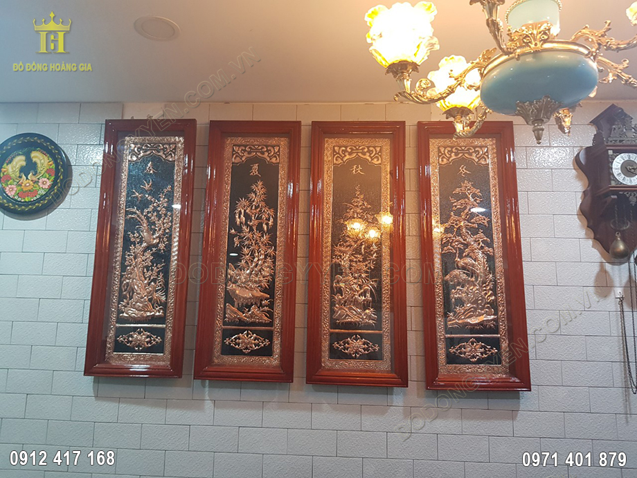 Tranh Tứ Qu&yacute; Đồng Đỏ Khung Gỗ 1M1