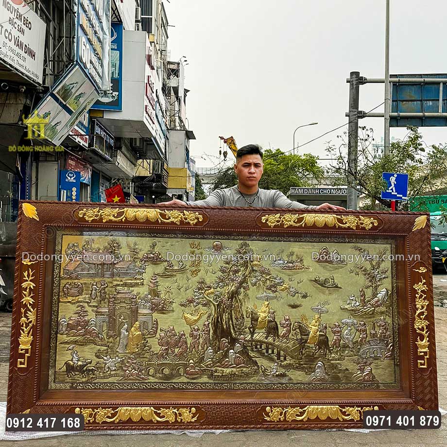 Tranh Vinh Quy Bái Tổ Khảm Tam Khí Khung Gỗ Gụ Dát Điểm Vàng 9999