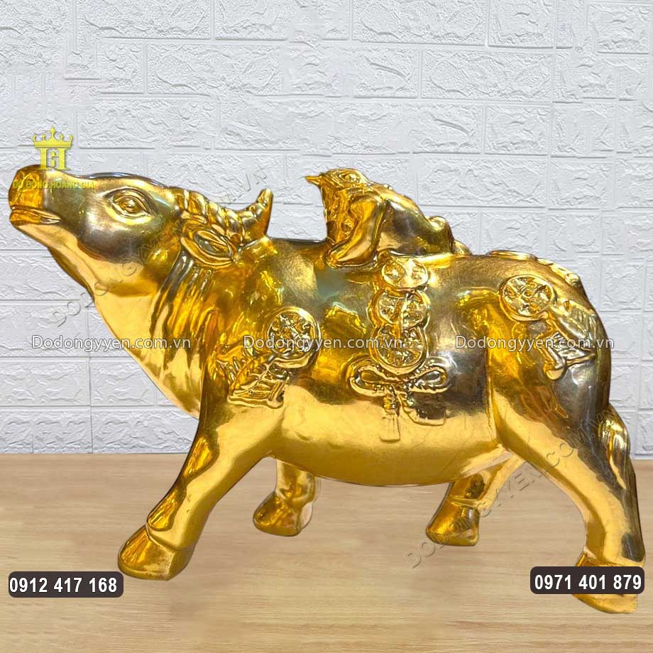 Tượng Đồng Trâu Cõng Thiềm Thừ Mạ Vàng 24K
