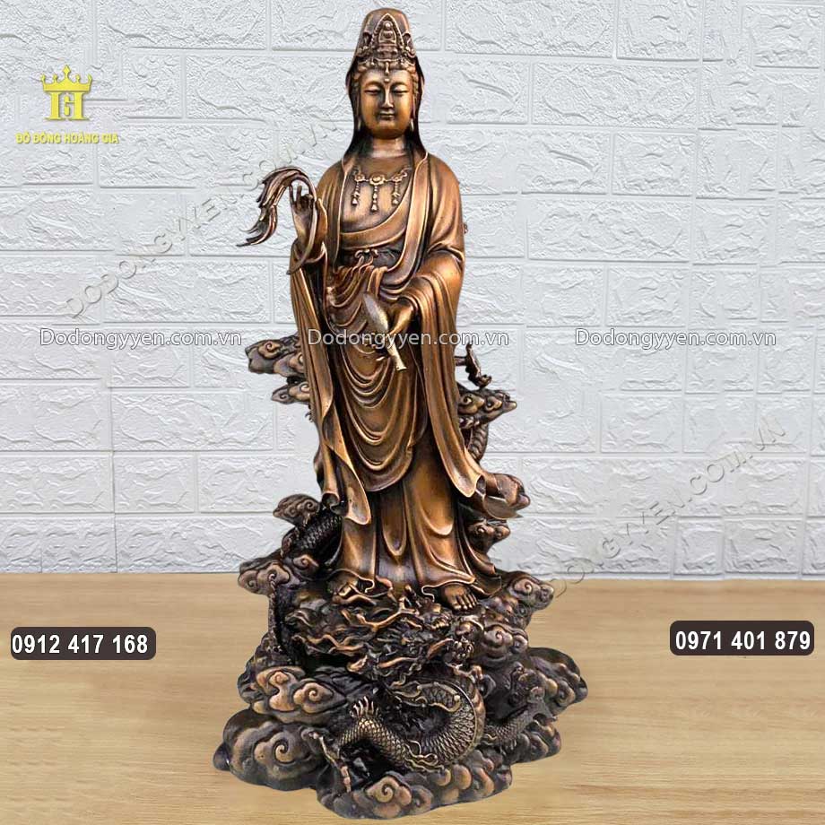Tượng Phật Bà Quan Âm Cưỡi Rồng Bằng Đồng Hun Giả Cổ
