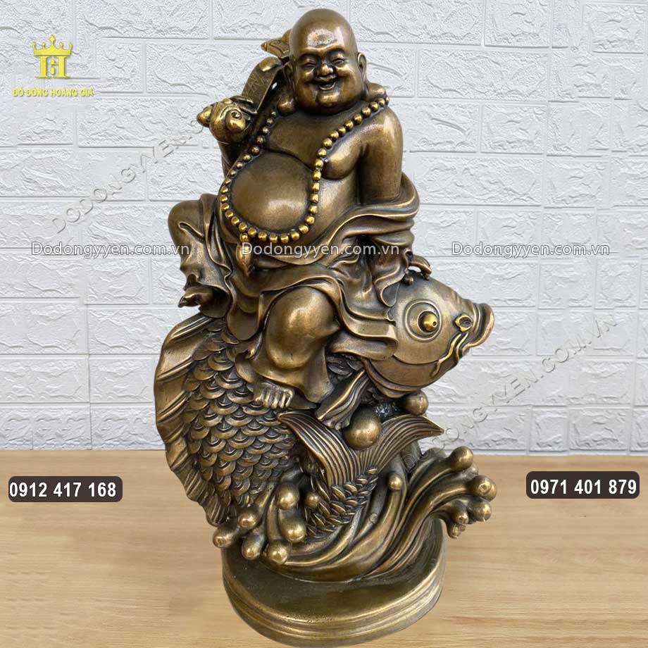 Tượng Phật Di Lặc Cưỡi Cá Chép Bằng Đồng Vàng Hun Giả Cổ