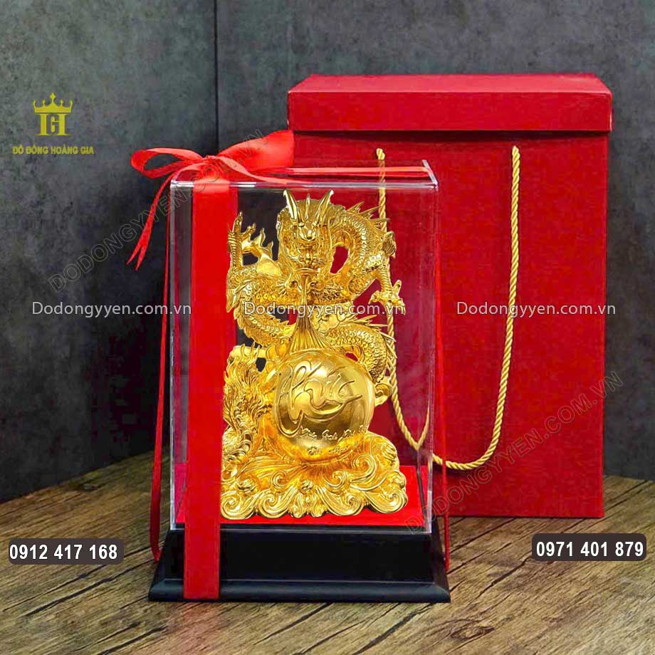 Tượng Rồng Nhả Ngọc Chữ Phúc Thư Pháp Mạ Vàng 24K