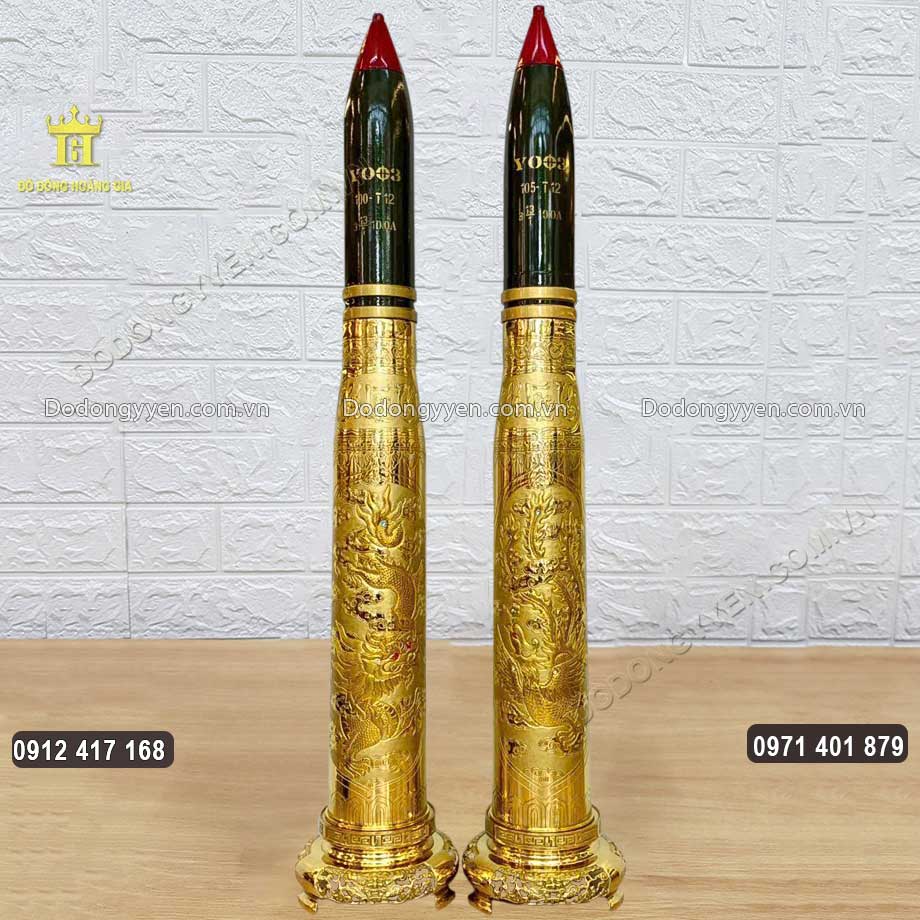 Vỏ Đạn Pháo Bằng Đồng Hoa Văn Long Phụng Mạ Vàng 24K