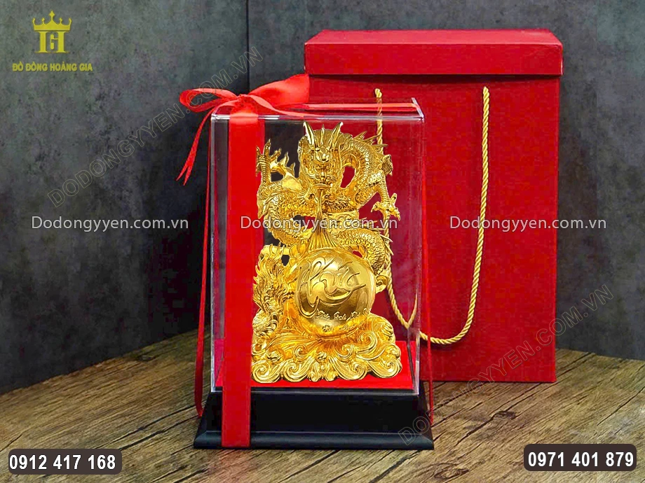 Tượng Rồng Nhả Ngọc Chữ Phúc Thư Pháp Mạ Vàng 24K