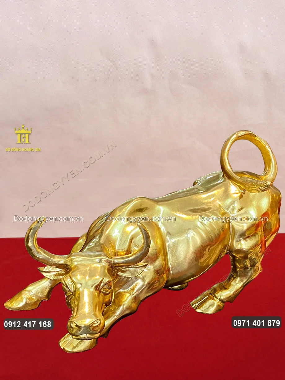 Tượng Tr&acirc;u Bằng Đồng Mạ V&agrave;ng 24K D&agrave;i 30Cm