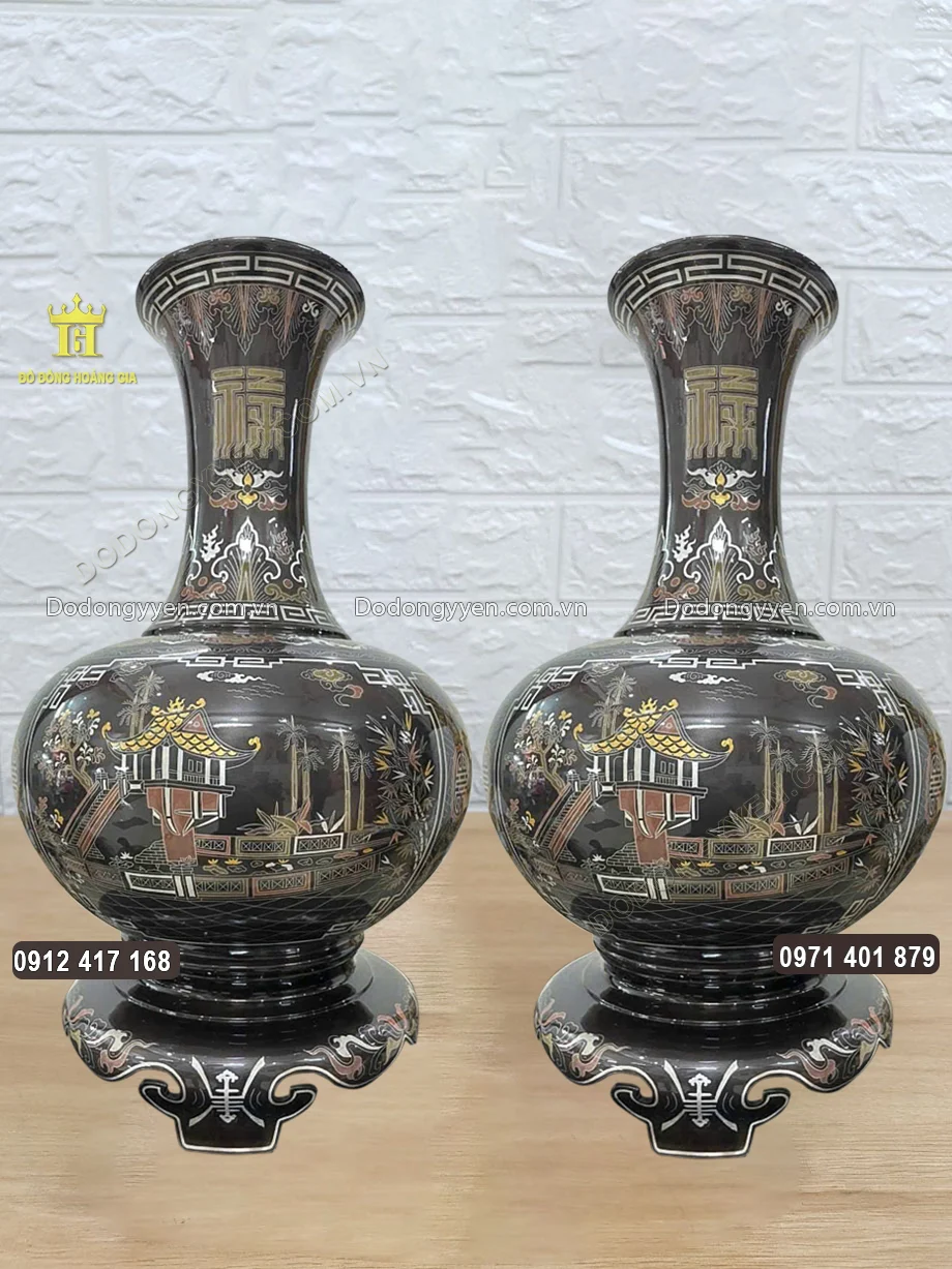 Đôi Lọ Hoa Củ Tỏi Chùa Một Cột Khảm Ngũ Sắc Cao 68Cm