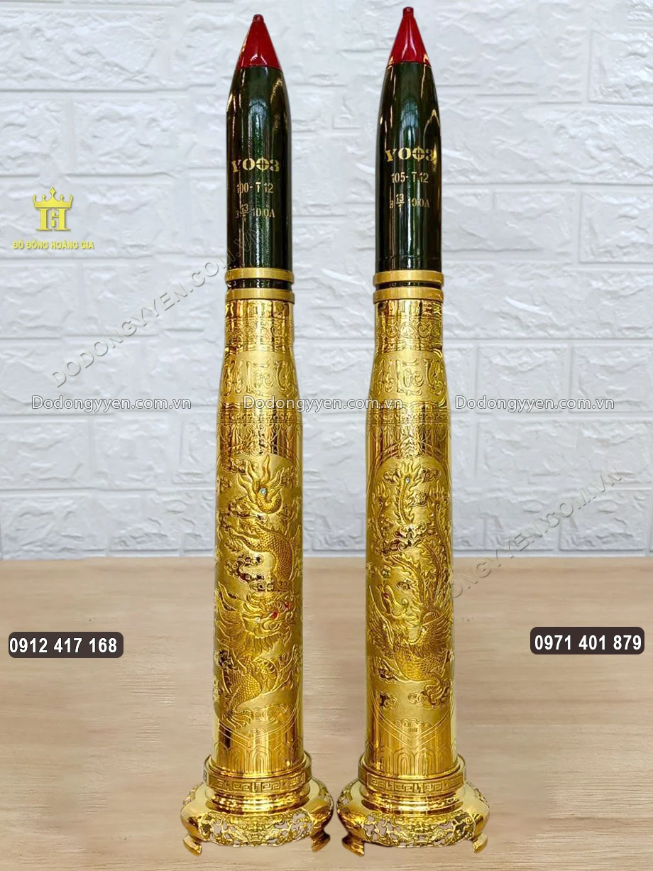 Vỏ Đạn Ph&aacute;o Bằng Đồng Hoa Văn Long Phụng Mạ V&agrave;ng 24K