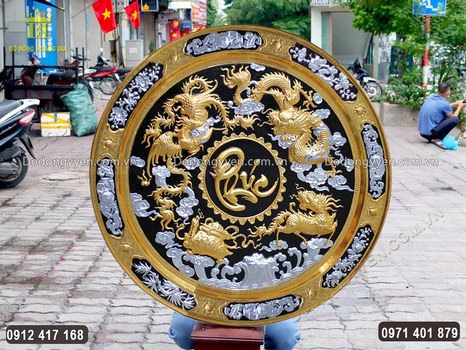 M&acirc;m Đồng Tứ Linh Chữ Ph&uacute;c Th&uacute;c Nổi D&aacute;t V&agrave;ng D&aacute;t Bạc