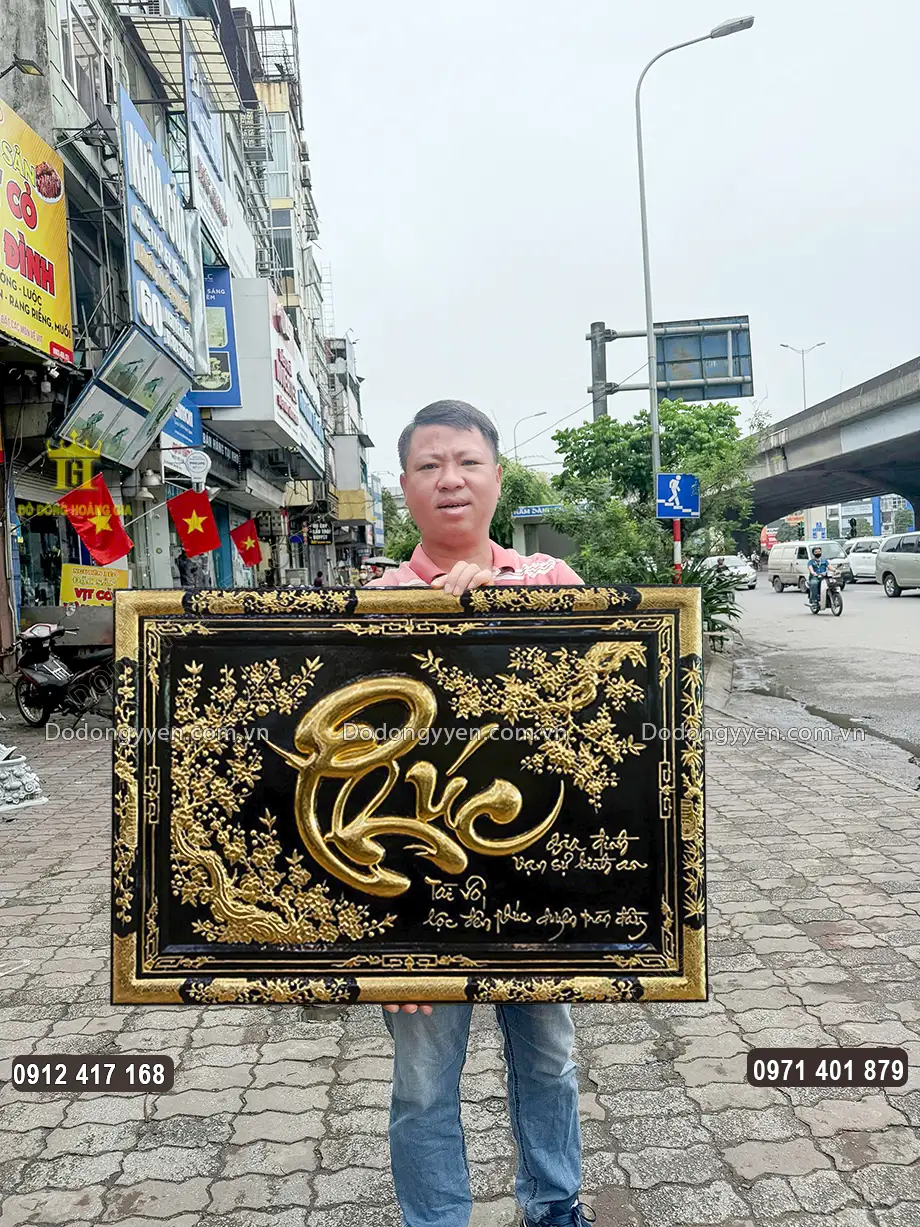 Tranh Chữ Phúc Thư Pháp Khung Liền Đồng Dát Vàng 9999