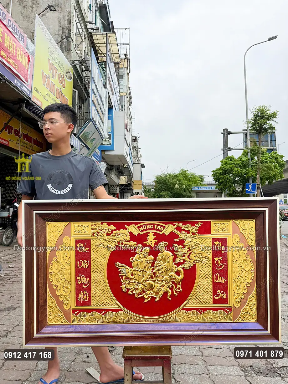 Tranh Đồng Mừng Thọ &Ocirc;ng B&agrave; D&aacute;t V&agrave;ng 24K
