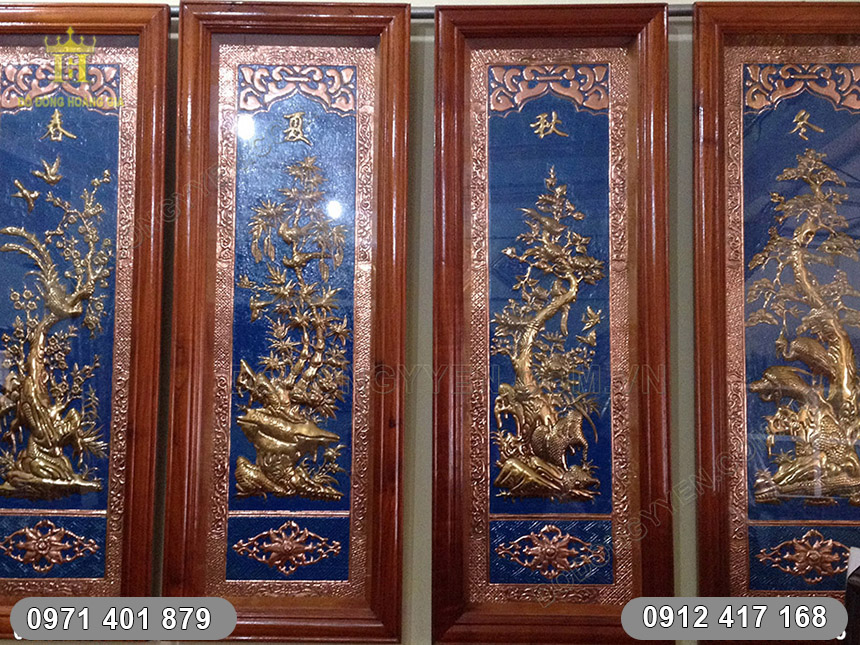 tranh tứ qu&yacute; đồng đỏ nền xanh