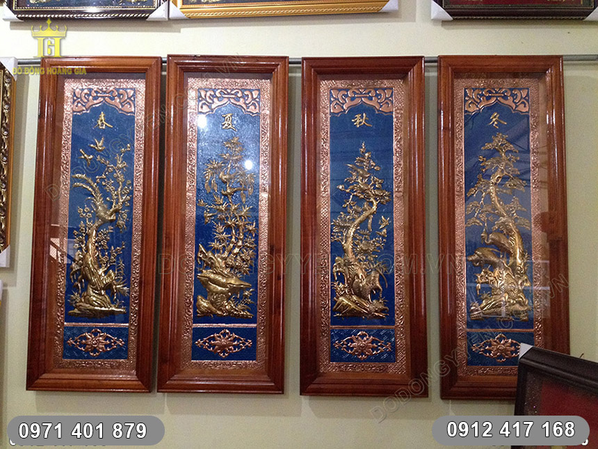 tranh tứ qu&yacute; đồng đỏ nền xanh