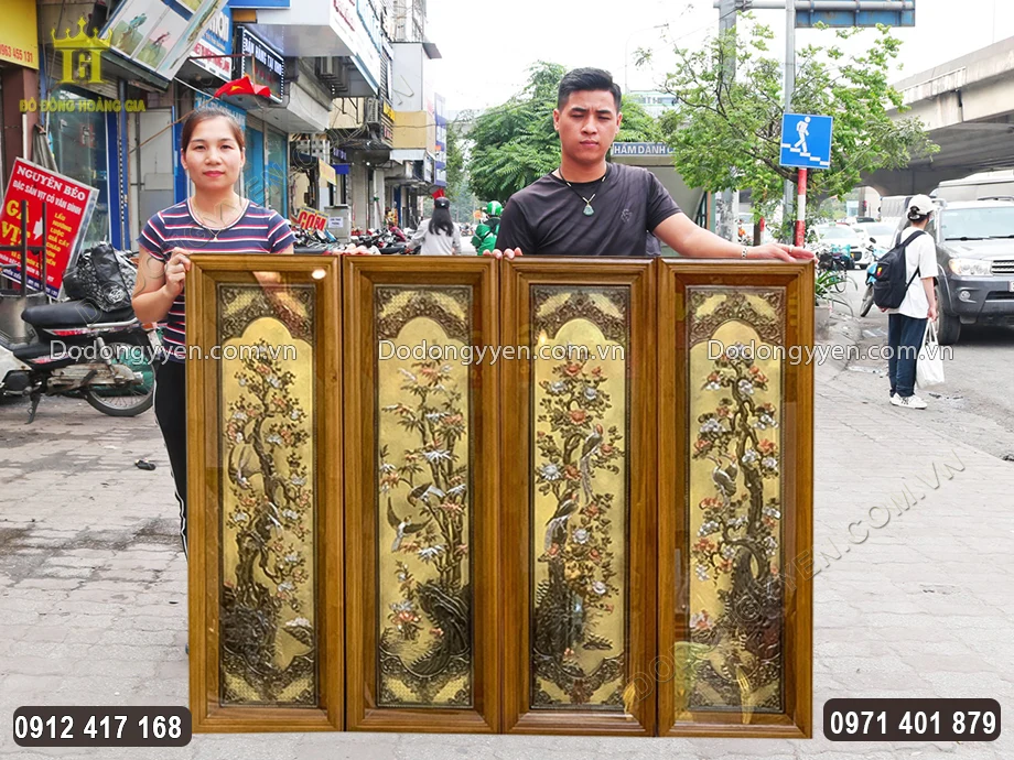 Tranh Tứ Qu&yacute; Bằng Đồng V&agrave;ng D&aacute;t Bạc 925 Khung Gỗ Sồi