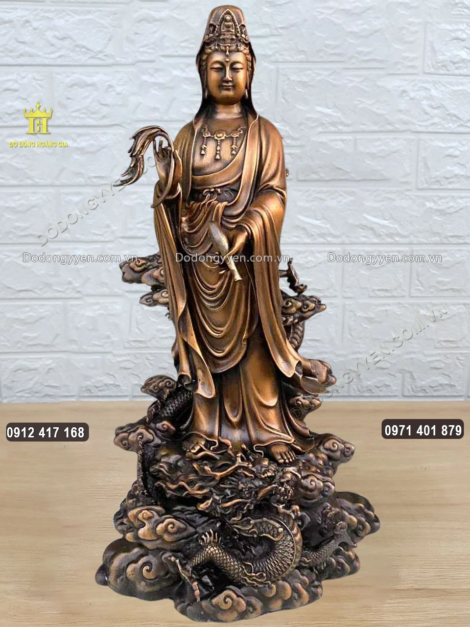 Tượng Phật B&agrave; Quan &Acirc;m Cưỡi Rồng Bằng Đồng Hun Giả Cổ