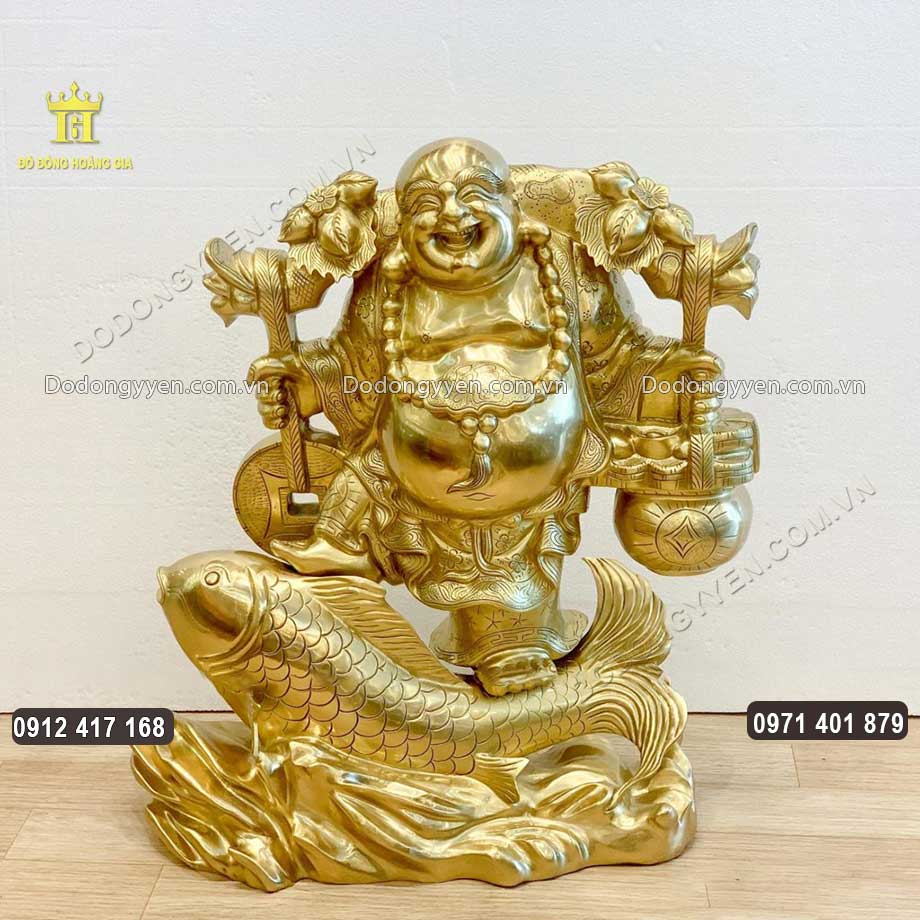 Tượng Phật Di Lặc Cưỡi C&aacute; Ch&eacute;p Bằng Đồng Catut 65Cm